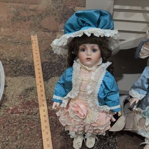 Blue and Pink Porcelain Doll in Lace Dress